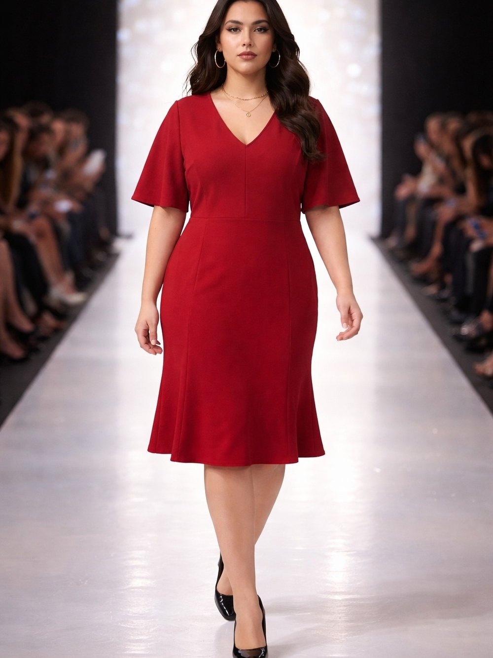 Eloquii Red V-Neck Fit-and-Flare Midi Dress